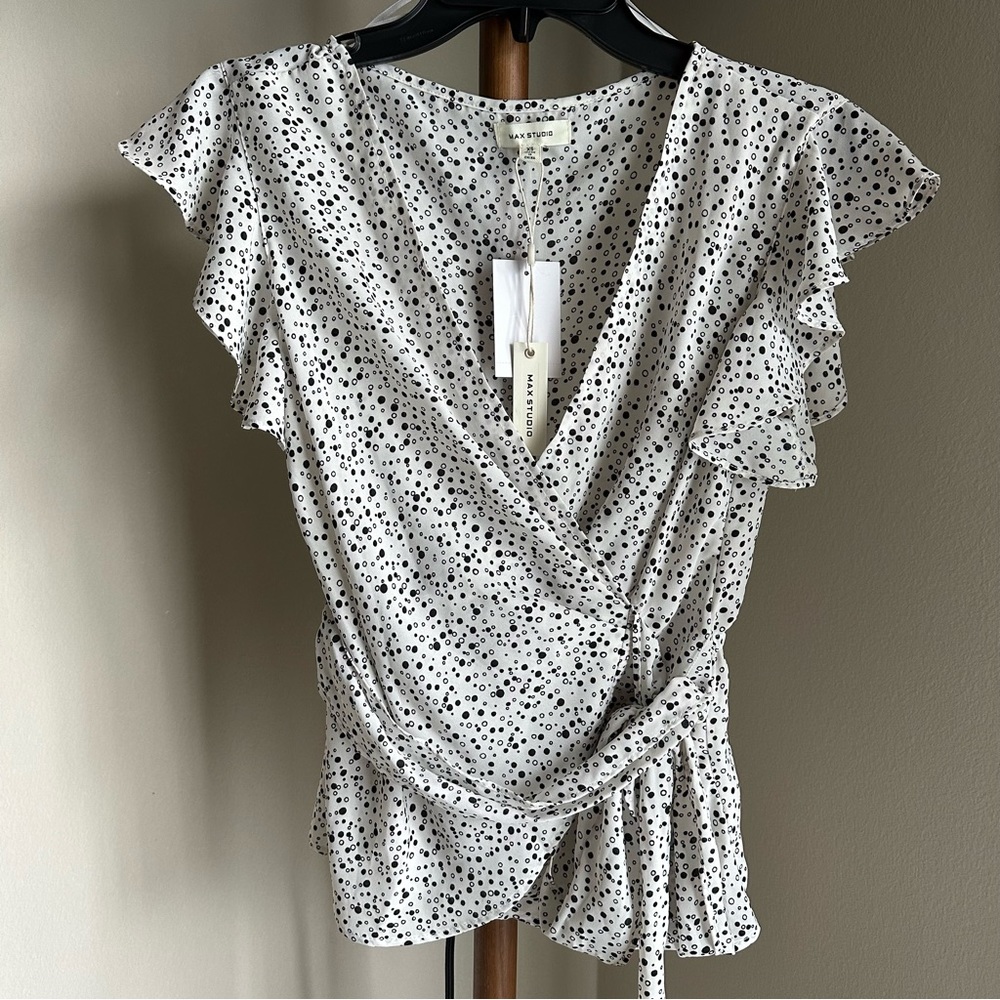 MAX STUDIO Crepe Faux Wrap Blouse Cream w/ Black Dots